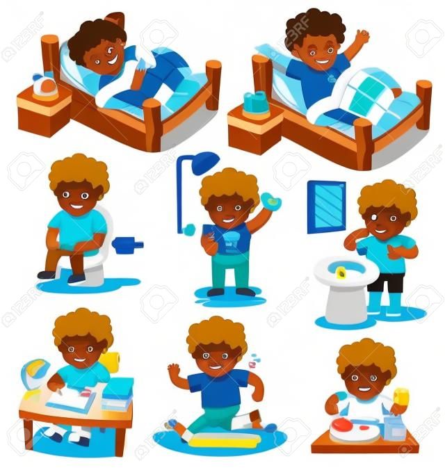 Isolated vector. The daily routine of African american boy on a white background. [sleep, wake up, eat, sitting on the toilet, running, brush teeth, take a shower and reading ]