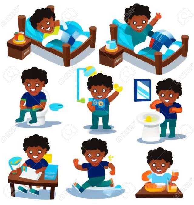 Isolated vector. The daily routine of African american boy on a white background. [sleep, wake up, eat, sitting on the toilet, running, brush teeth, take a shower and reading ]