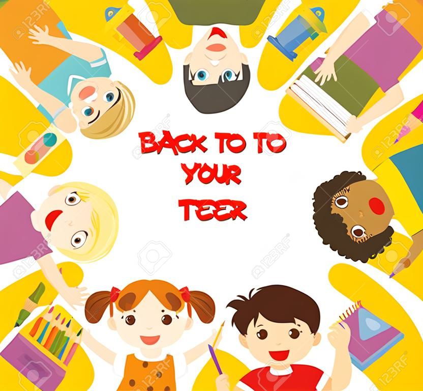 Back to School. Art kids.  Cute children have fun and ready to get painting together. Template for advertising brochure. Children look up with interest.
