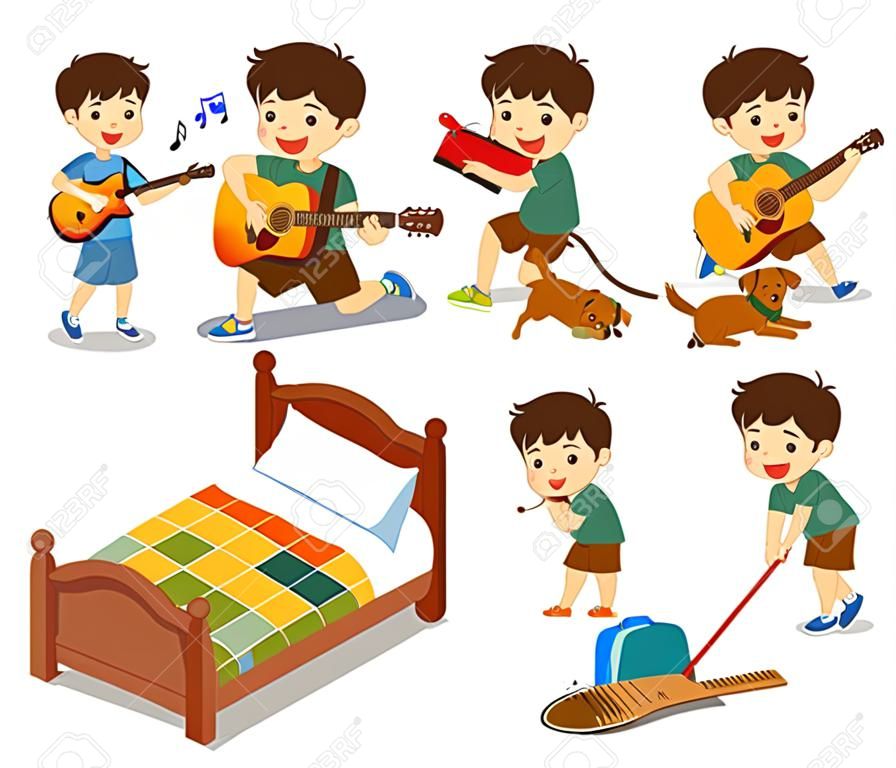 Isolated vector. The daily routine of A cute boy on a white background.
[Make a bed, Do homework , Drawing, Play guitar, Run with his dog, Clean]