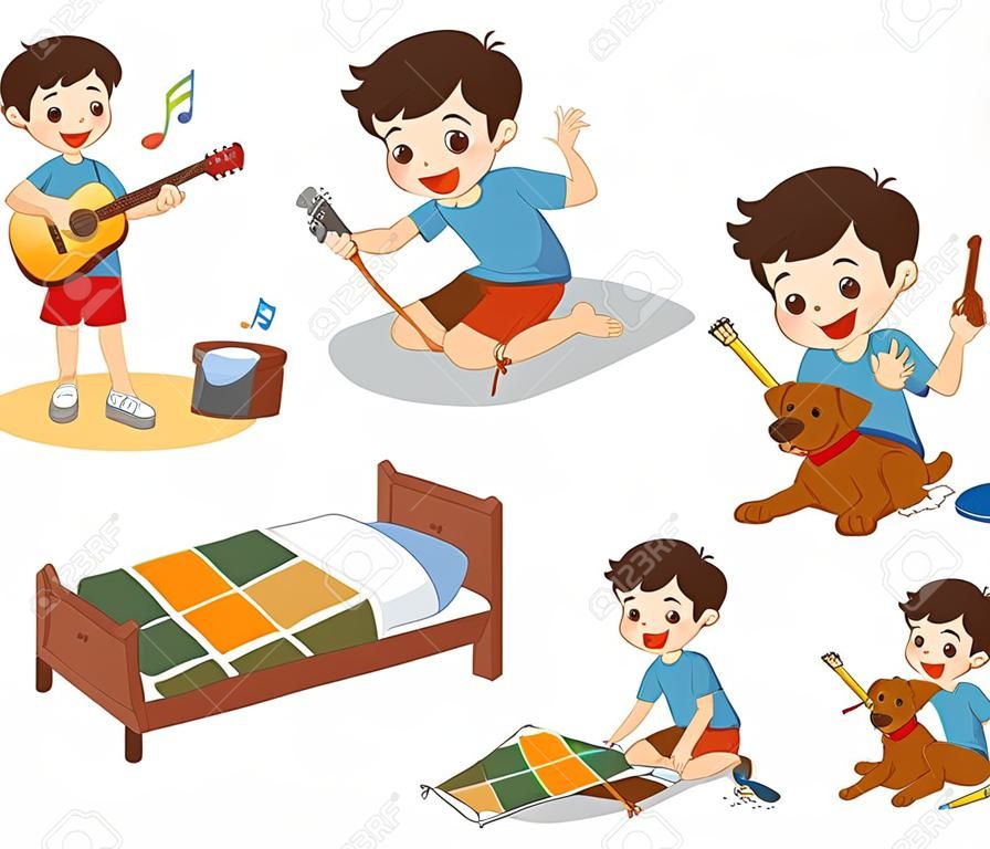 Isolated vector. The daily routine of A cute boy on a white background.
[Make a bed, Do homework , Drawing, Play guitar, Run with his dog, Clean]