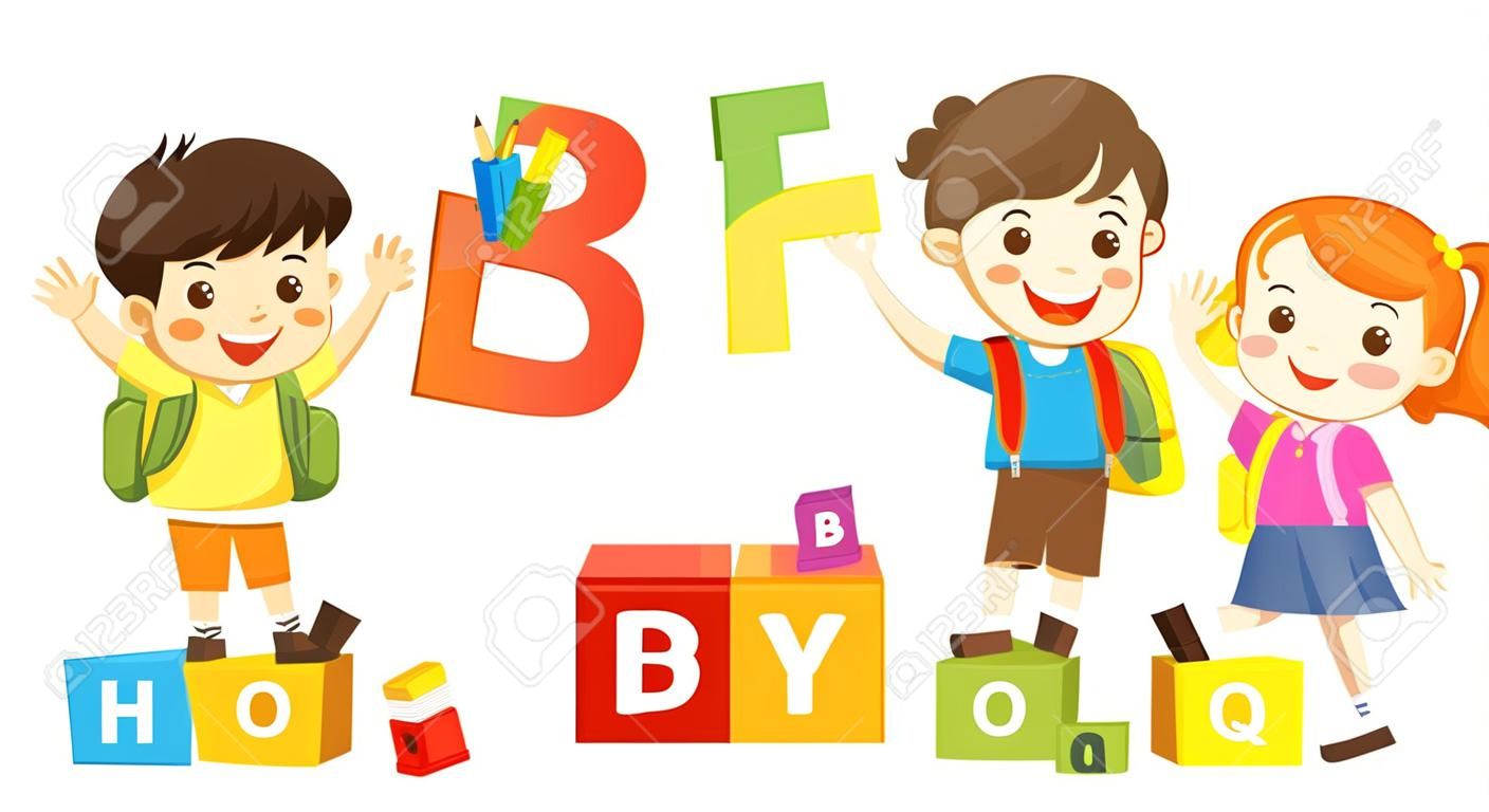 De volta à escola. Crianças da escola feliz com blocos do alfabeto.