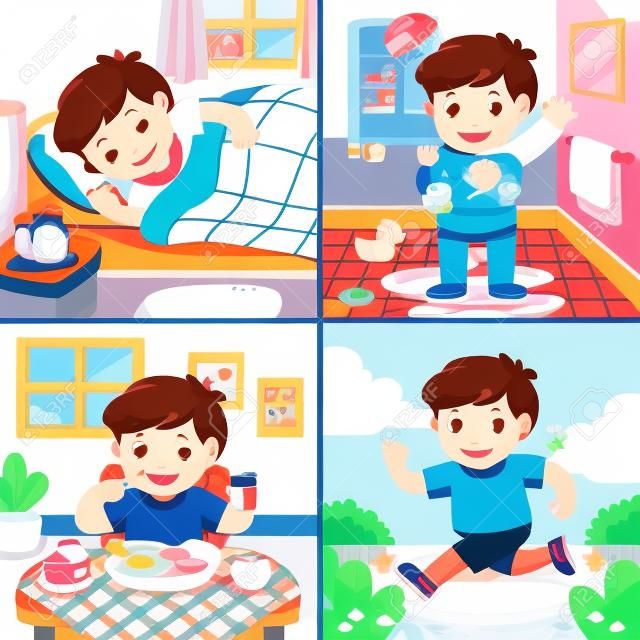 Illustration of The daily routine of a cute boy. [sleep, take a bath, eat, running]