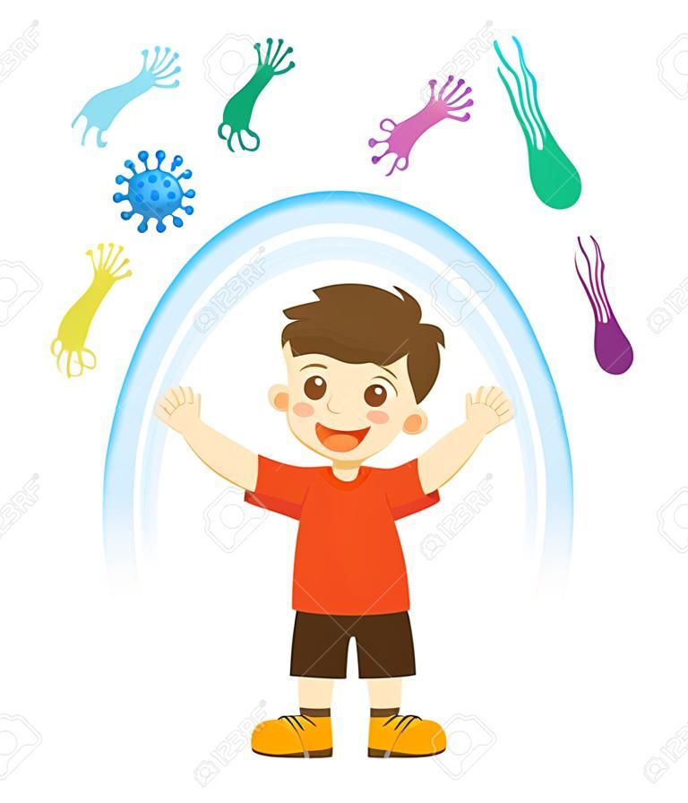 Gezonde jongen reflecteert bacteriën aanval. Gezonde levensstijl.