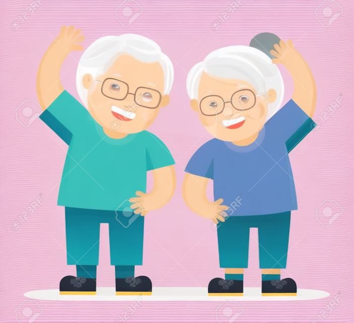Senior people and gymnastics.  Grandparents doing exercises. Elderly couple.