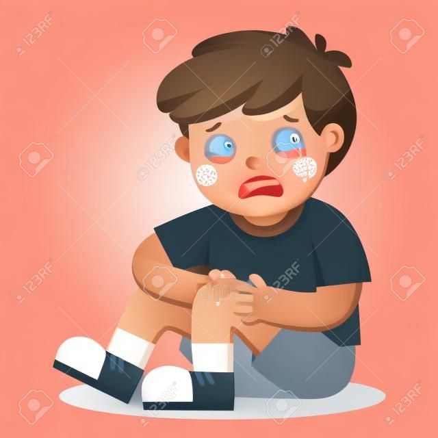 A Boy holding painful wounded leg knee scratch with blood drips. Child broken knee. Bleeding knee injury pain. Kid crying with scraped knee. vector illustration.