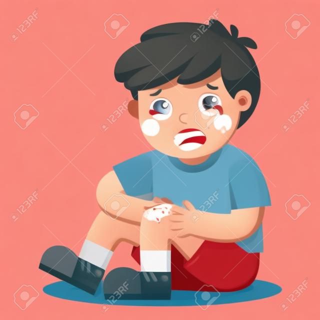 A Boy holding painful wounded leg knee scratch with blood drips. Child broken knee. Bleeding knee injury pain. Kid crying with scraped knee. vector illustration.
