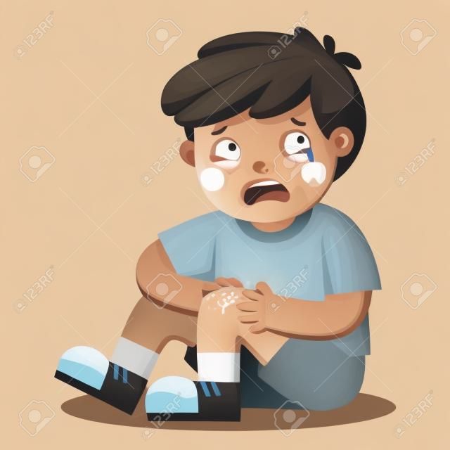 Chłopiec trzymający bolesną, zranioną nogę, zadrapanie po kolanie z kapiącą krwią. Dziecko złamane kolano. Krwawiący ból po kontuzji kolana. Dziecko płacze z podrapanym kolanem. ilustracji wektorowych.