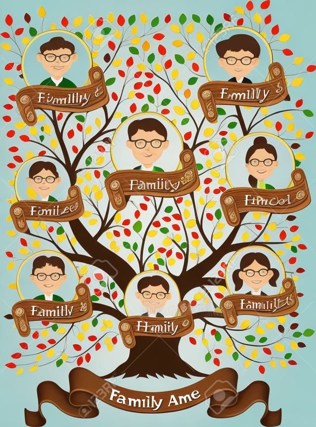 Family tree with portraits of family members illustration