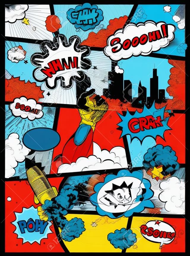 Comic book page divided by lines with speech bubbles, rocket, hero and sounds effect. Retro background mock-up. Comics template. illustration