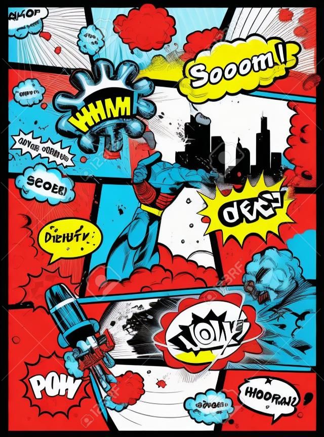 Comic-Seite von Linien mit Sprechblasen, Rakete, Held und Klänge Effekt geteilt. Retro Hintergrund Mock-up. Comics Vorlage. Illustration