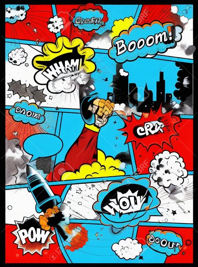 Página de quadrinhos dividida por linhas com bolhas de fala, foguete, herói e efeito de sons. Mock-up de fundo retro. Modelo de quadrinhos. ilustração