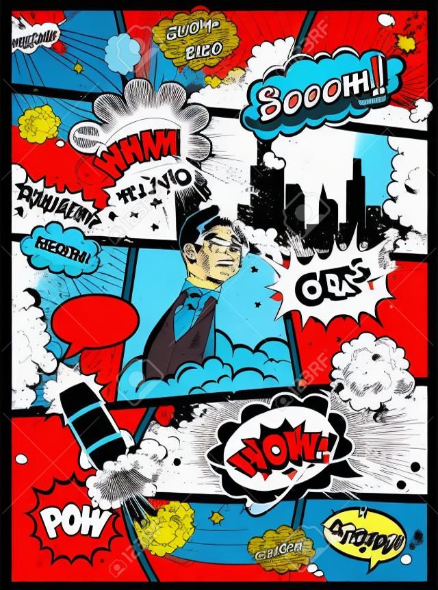 Comic book page divided by lines with speech bubbles, rocket, hero and sounds effect. Retro background mock-up. Comics template. illustration