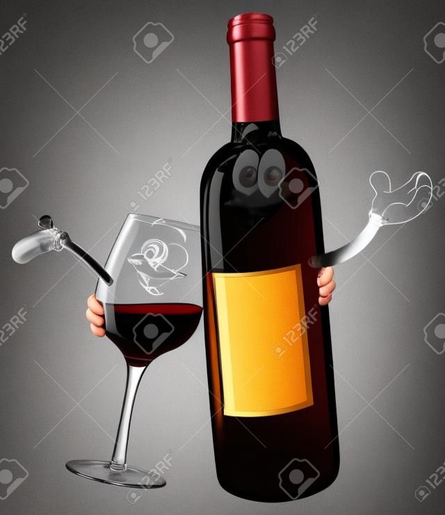 Una botella de vino y una copa abrazándose
