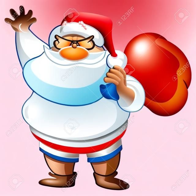 Père Noël sur la plage portant maillot de bain et transportant un sac de cadeaux