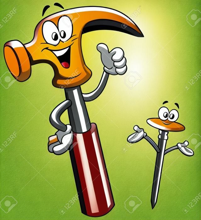 Cartoon von einem glücklichen Hammer mit Daumen nach oben und ein Nagel präsentieren mit seinen Händen