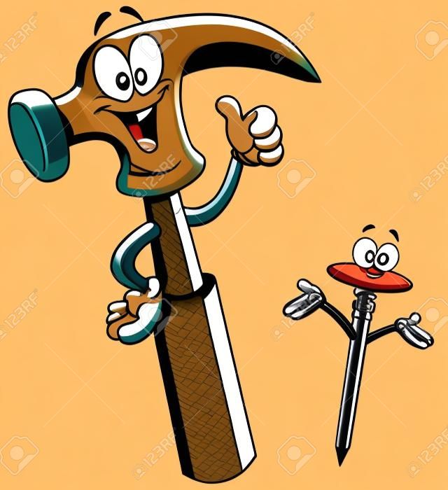 Caricatura de un martillo feliz con el pulgar hacia arriba y un clavo presenta con las manos