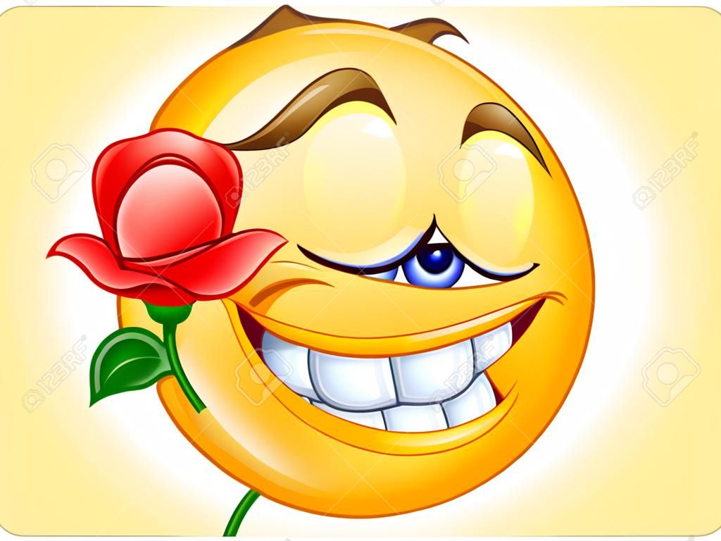 Charming emoticon holding red rose flower between teeth in mouth