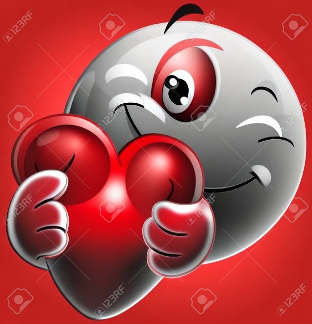 Winking emoticon hugging a red heart