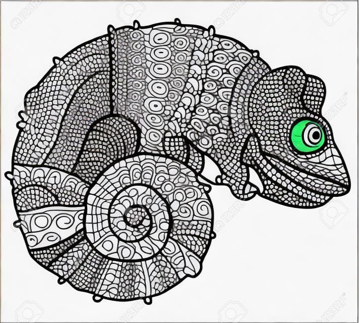 Hand getekende doodle outline kameleon versierd met ornamenten.vector zen tangle illustratie.