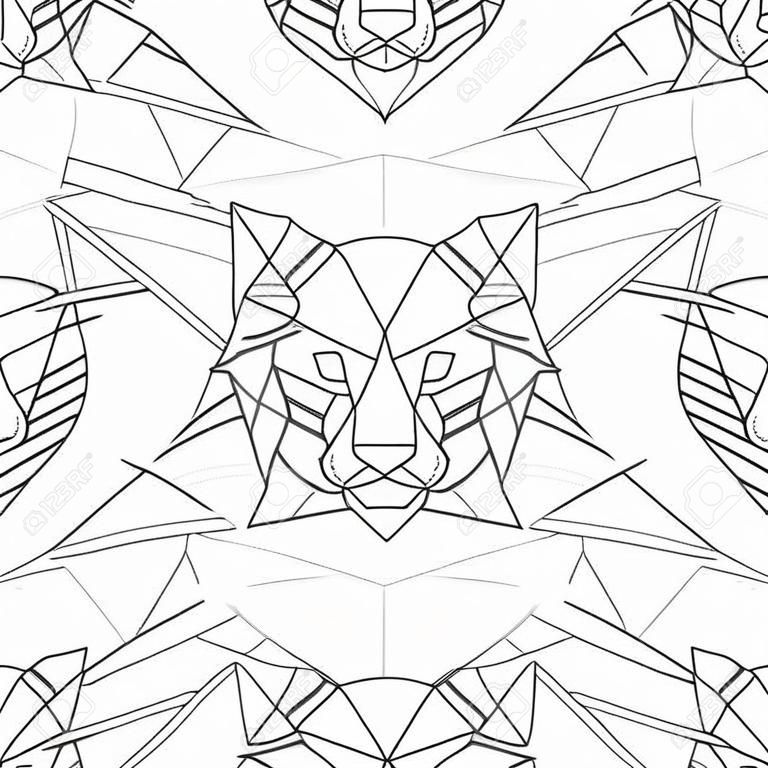 cabeza de animal icono triangular, patrón geométrico diseño de la línea de moda. Ilustración del vector lista para el tatuaje o libro para colorear. Modelo inconsútil del tigre.