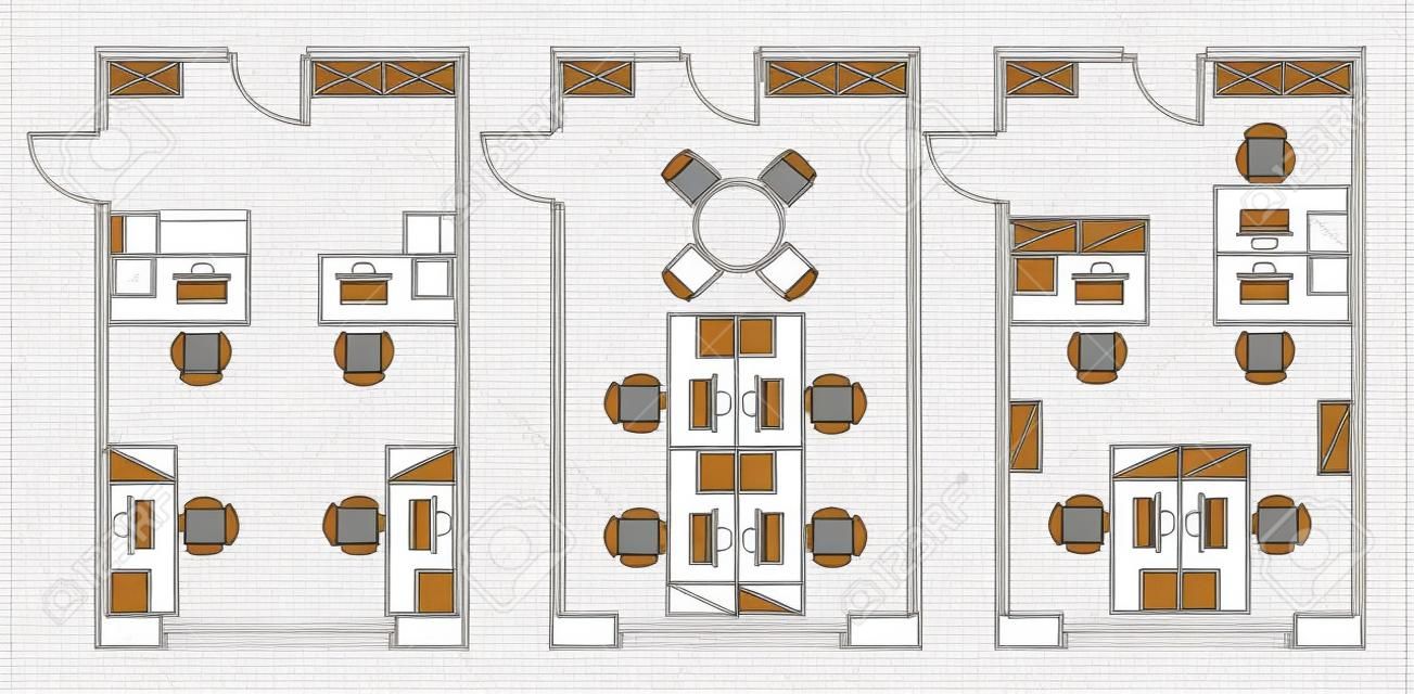 标准的家具符号用于建筑图图标设置办公室规划图标设置平面设计元素小办公室-俯视图