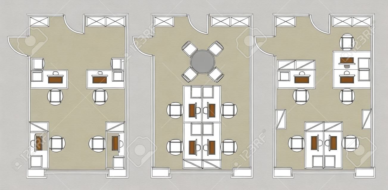 Símbolos de móveis padrão usados no conjunto de ícones de planos de arquitetura, conjunto de ícones de planejamento de escritório, elementos de design gráfico. Sala de escritório pequena - planos de visão superior.