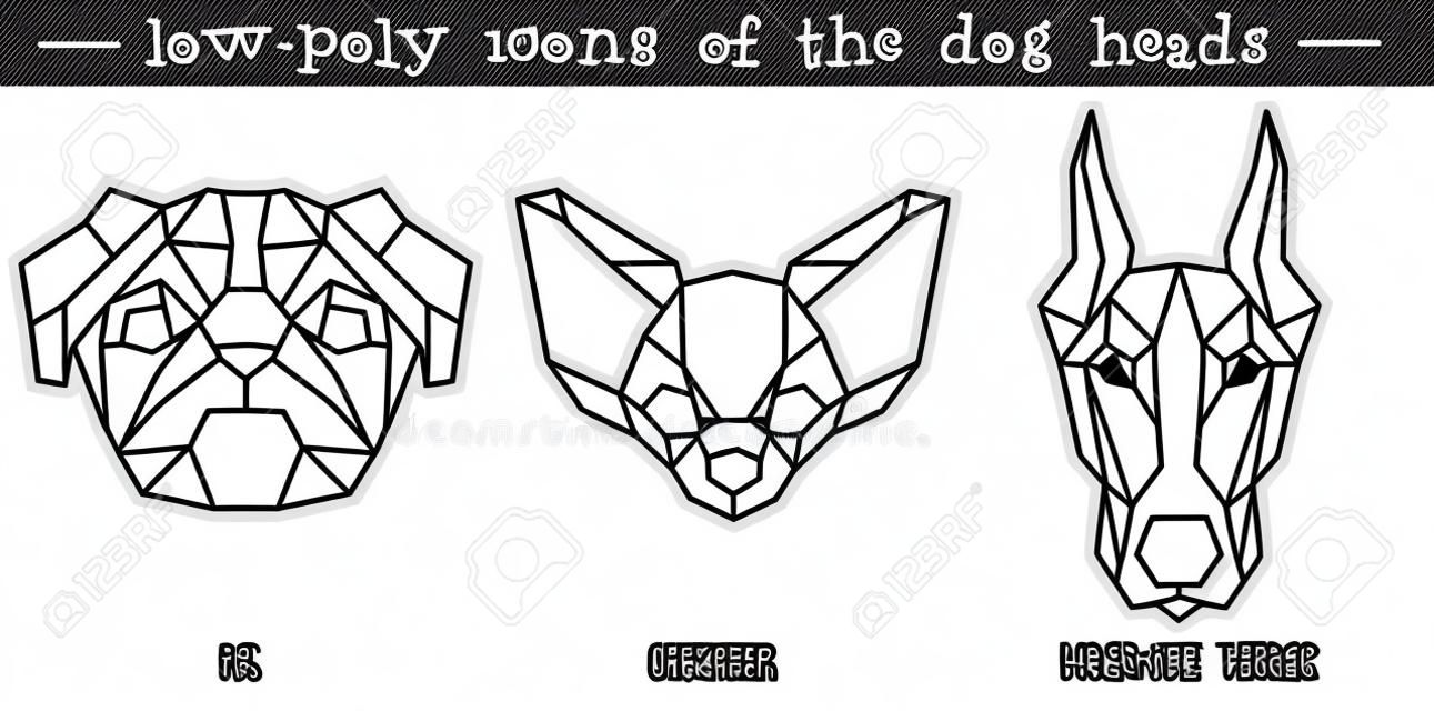 Vista frontal do conjunto de ícones triangulares de cabeça de cão, design de linha geométrico da moda. Ilustração vetorial para tatuagem ou livro de colorir. Coleção de animais em casa. Pug, chihuahua, Dobermann terrier.