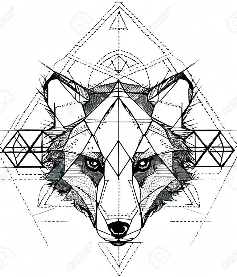 Animal bear head triangular icon , geometric trendy indian line design. Vector illustration ready for tattoo or coloring book. Wolf head low-poly sketch hand drawn
