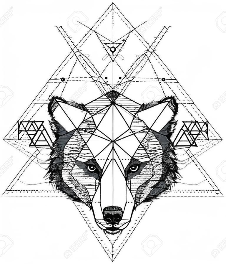 Állat medve fej háromszög ikon, geometriai divatos indiai kialakítás. Vektor illusztráció kész tetoválás vagy kifestőkönyv. Wolf fej alacsony poli vázlat kézzel rajzolt