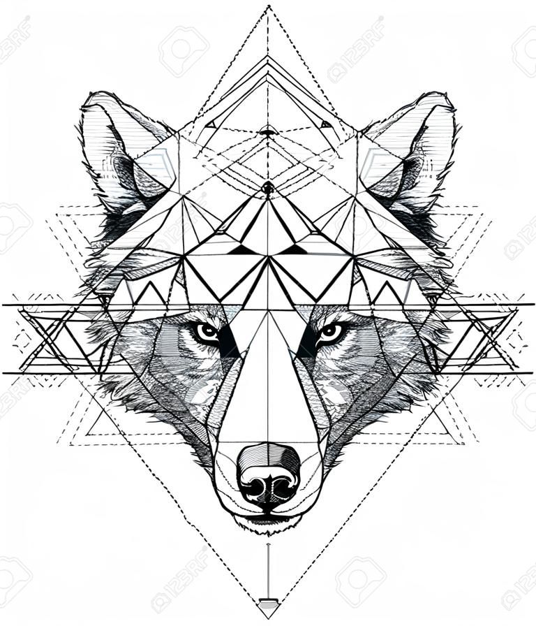 Animal bear head triangular icon , geometric trendy indian line design. Vector illustration ready for tattoo or coloring book. Wolf head low-poly sketch hand drawn