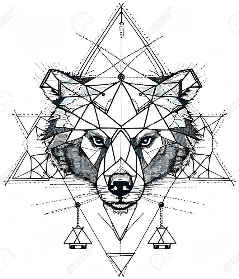 Állat medve fej háromszög ikon, geometriai divatos indiai kialakítás. Vektor illusztráció kész tetoválás vagy kifestőkönyv. Wolf fej alacsony poli vázlat kézzel rajzolt