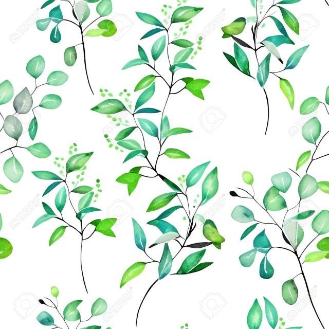 Watercolor different eucalyptus seamless pattern on white background. Hand painted isolated eucalyptus branch and leaves. Floral illustration for design, print, fabric or background.