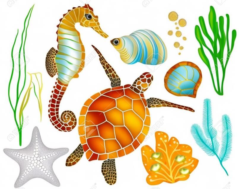 Vector set with underwater animals and coral reef plants. Hand painted golden turtle, seahorse, laminaria, coral and shell isolated on white background. Line art illustration for design, print.