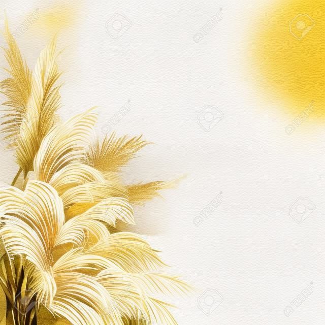 Frontera tropical acuarela con hierba de pampa seca y texturas doradas. Marco exótico pintado a mano aislado sobre fondo blanco. Ilustración floral para diseño, estampado, tela o fondo.