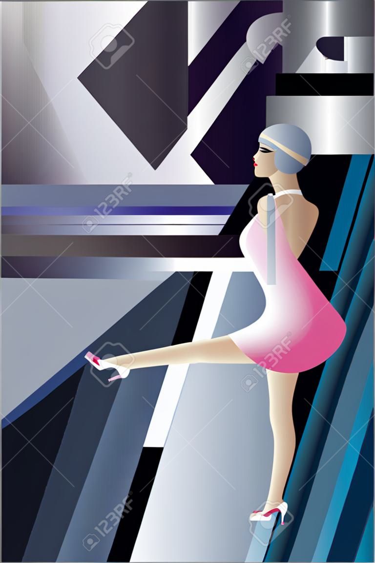 Fondo de estilo años veinte diseño geométrico con el baile flappers chica en el partido del club de noche