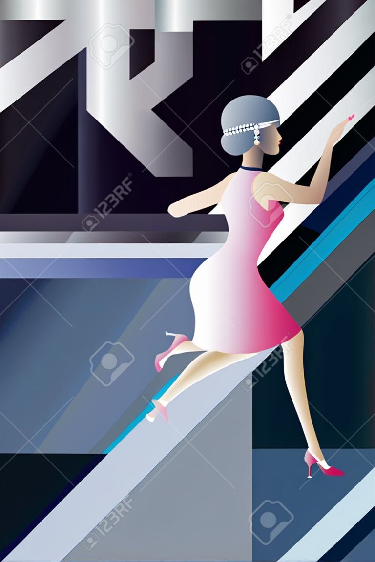 20 대 스타일 배경 flappers와 기하학적 인 디자인 소녀 나이트 클럽 파티에서 춤을