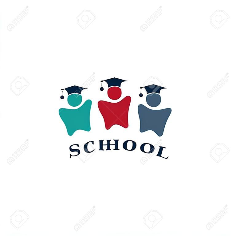 Geïsoleerde kleurrijke menselijke silhouetten in hoeden met het schrijven vector logo. Studenten contour logotype. Tandarts school embleem. Cartoon illustratie. Medisch element. Tanden afbeelding.
