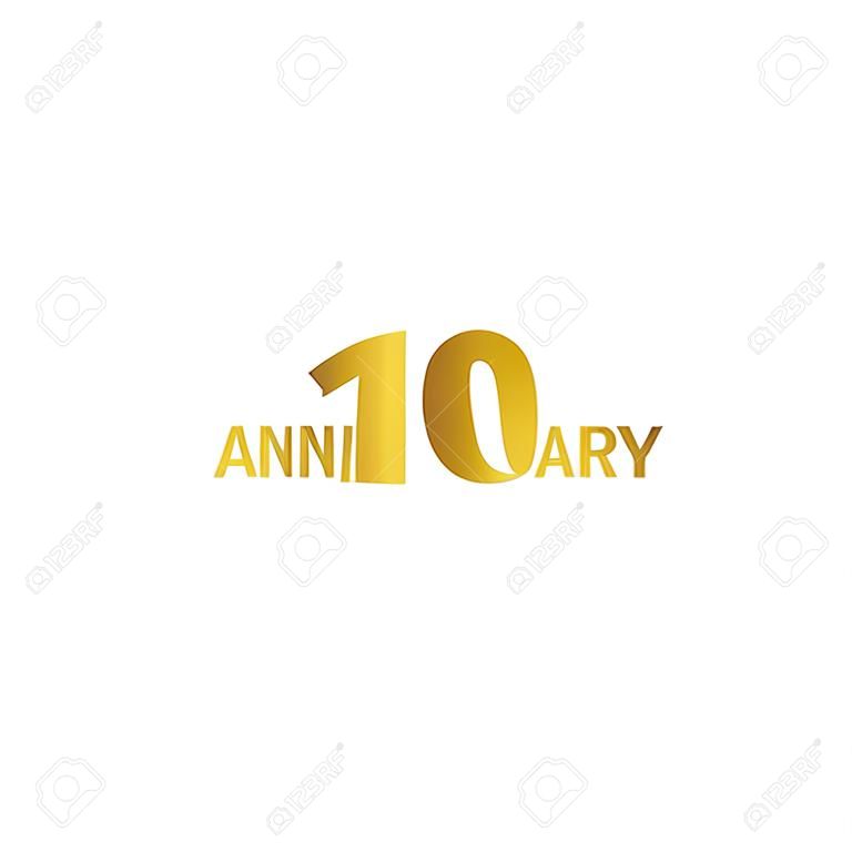 Isolated abstract golden 10th anniversary logo on white background. 10 number logotype. Ten years jubilee celebration icon. Tenth birthday emblem. Vector illustration