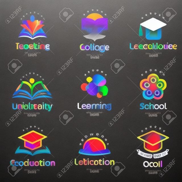 La educación colorida abstracta aislada y aprende el sistema del logotipo, libros de la universidad y de la escuela, y más.