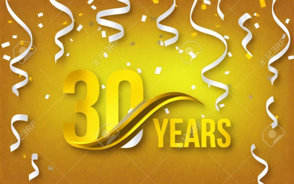Isolated golden color number 30 with word years icon on white background with falling gold confetti and ribbons, 30th birthday anniversary greeting logo, card element, vector illustration