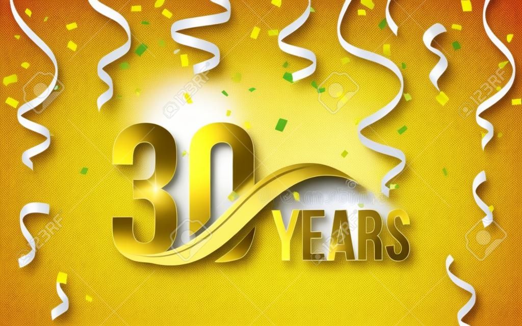 Изолированные золотой цвет номер 30 со словом лет значок на белом фоне с падающий золотой конфетти и ленты, 30-летие со дня рождения приветствие логотип, элемент карты, векторные иллюстрации