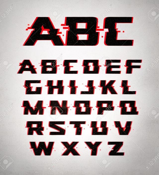 Glitch font, vector isolated abstract symbols with digital noise, modern design alphabet on white background