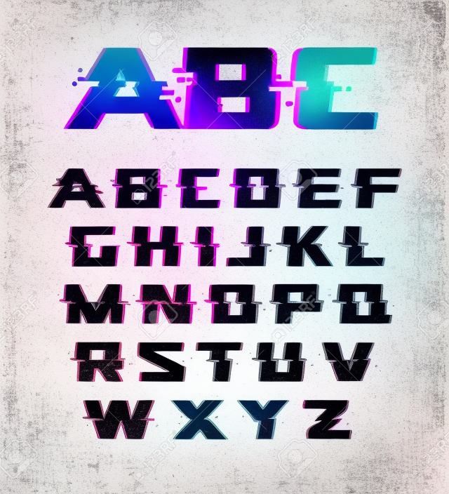 Glitch font, vector isolated abstract symbols with digital noise, modern design alphabet on white background