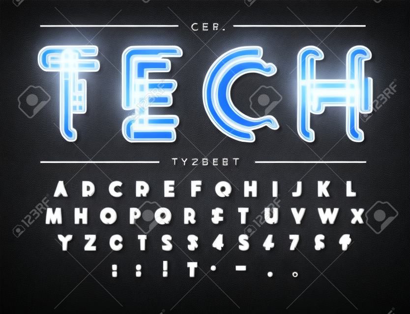 Czcionka Cyber Tech. Kontur schematu styl wektor alfabet. Litery i cyfry dla produktu cyfrowego, logo systemu bezpieczeństwa, banera, monogramu i plakatu. Projekt składu.