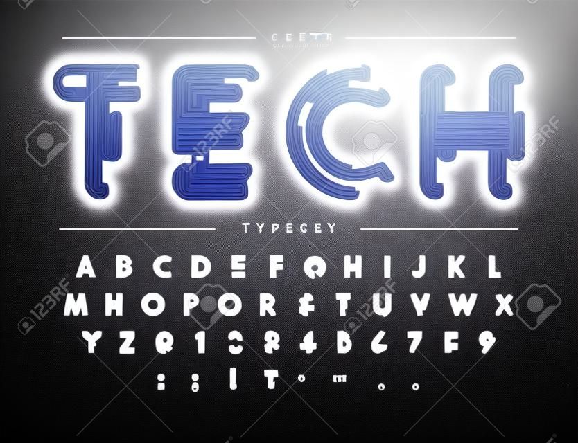 Czcionka Cyber Tech. Kontur schematu styl wektor alfabet. Litery i cyfry dla produktu cyfrowego, logo systemu bezpieczeństwa, banera, monogramu i plakatu. Projekt składu.