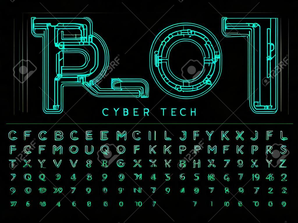 사이버 기술 글꼴입니다. 등고선 구성표 스타일 벡터 알파벳입니다. 디지털 제품, 보안 시스템 로고, 배너, 모노그램 및 포스터의 문자와 숫자. 조판 디자인.