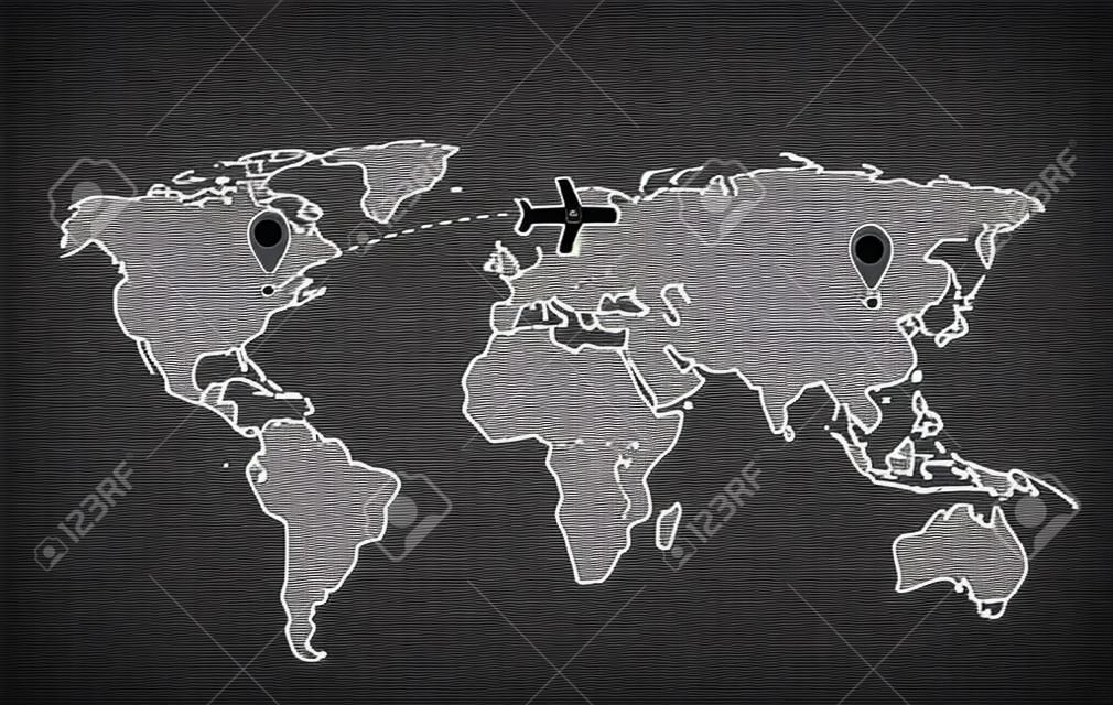 비행기 라인 경로입니다. 시작점과 대시 라인 추적이 있는 비행기 비행 경로. 세계 지도 위에 비행기 아이콘입니다. 벡터 개념 그림입니다.