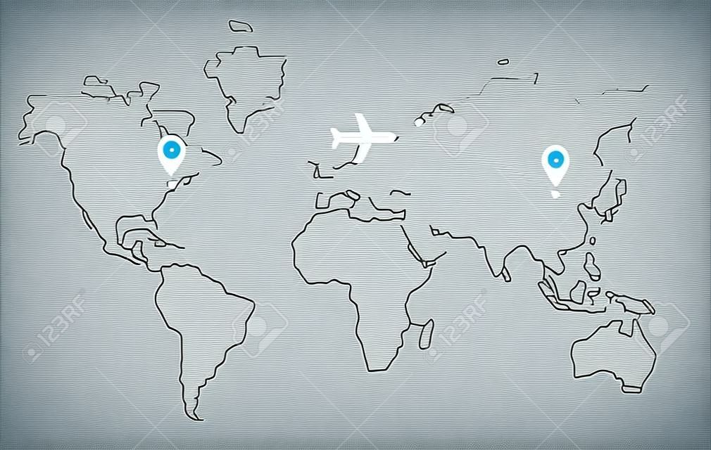 Percorso della linea dell'aeroplano. Rotta di volo aereo con punto di partenza e traccia della linea tratteggiata. Icona dell'aereo sulla mappa del mondo. Illustrazione di concetto di vettore.