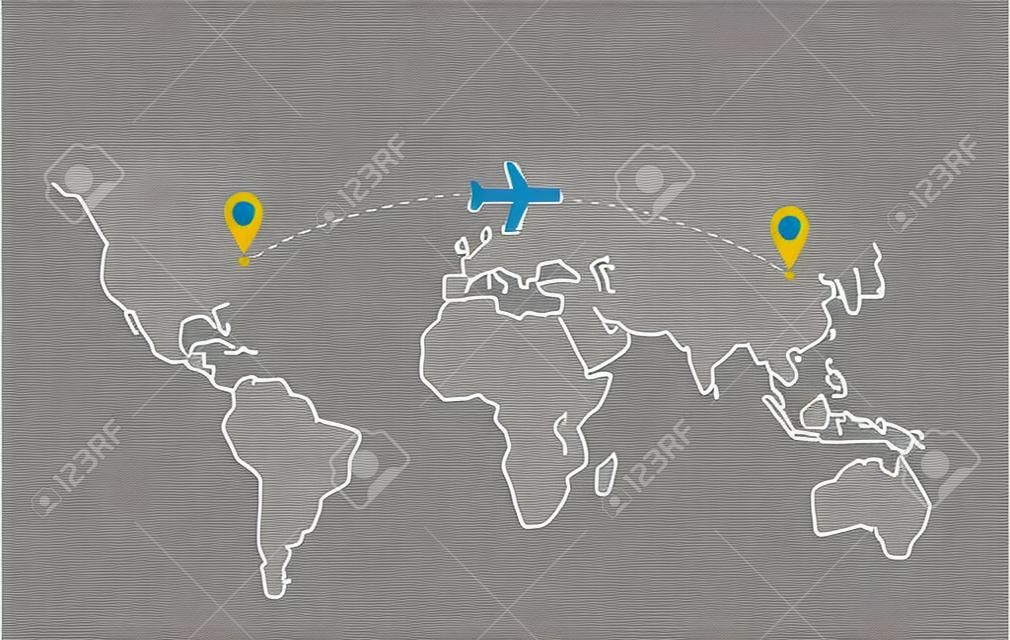 Airplane line path. Air plane flight route with start point and dash line trace. Plane icon over world map. Vector concept illustration.